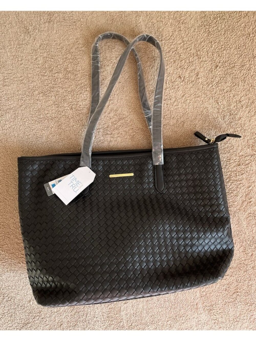 Time and Tru 3 Piece Handbag Set Black Woven Tote NWT